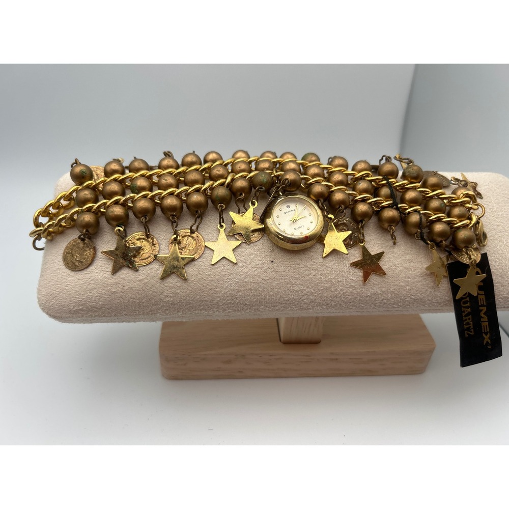 Vintage Enmex Quartz Charm Bracelet Watch – Gold Tone Stars & Coins Boho - Picture 3 of 13